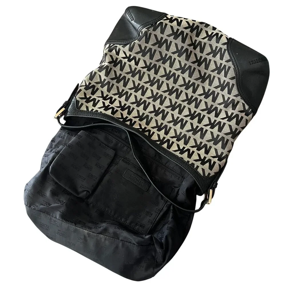 Michael Kors Hobo Bag Womens Large Black Logo Canvas Leather Shoulder Junie - Picture 4 of 13